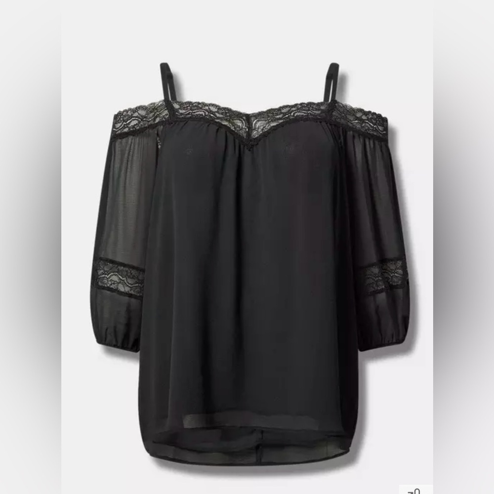 Torrid Elegant Women's Chiffon Black Off-Shoulder 3/4 Sleeve Lace Top Blouse, NW - Picture 3 of 13